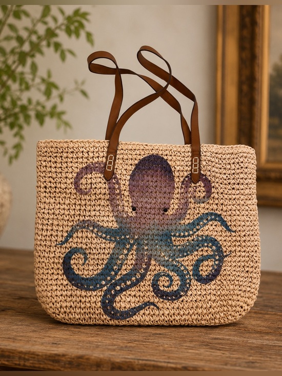 INC International Concepts Handbags - INC. Straw Tote with Blue and Purple Octopus and Brown Straps